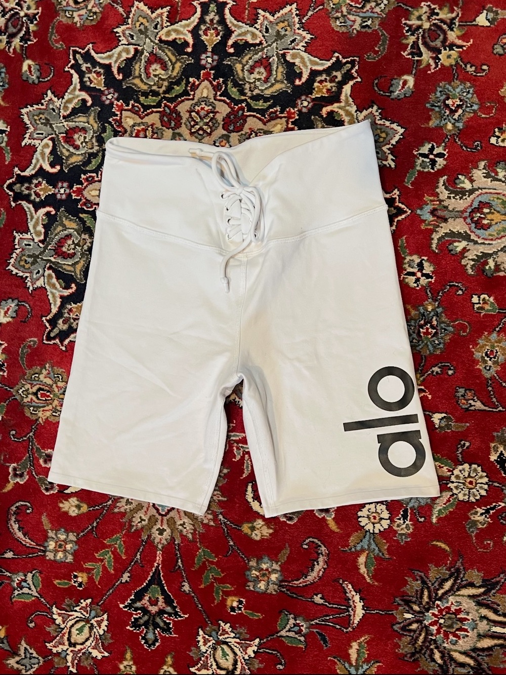 ALO Yoga White Lace-Up High-Waist Athletic Bike Shorts with Black Logo